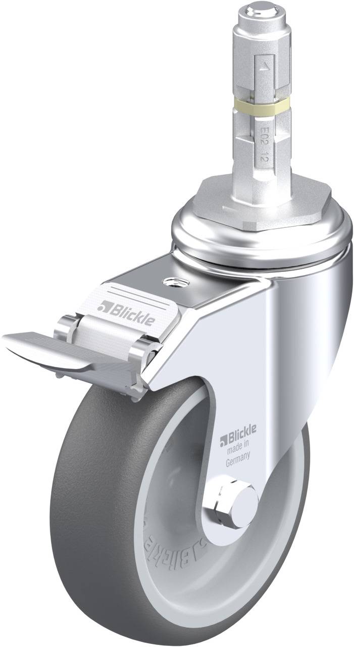 Schwenkrolle aus Metall mit grauem Rad und Stiftelement, geeignet für Möbel oder Transportgeräte. Markenlogo 'Blickle' sichtbar.