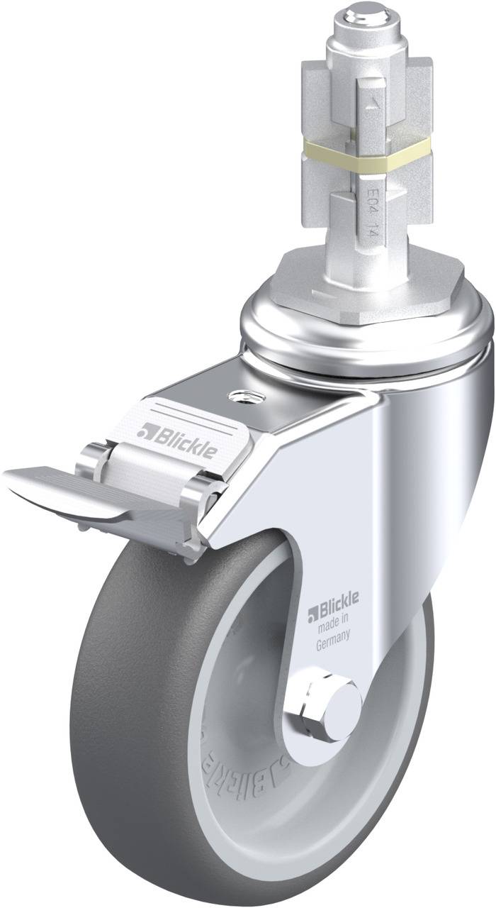 Ein silbernes Lenkrolle mit Bremse und grauem Rad, markiert mit 'Blickle', wird dargestellt. Entwickelt für industrielle Anwendungen.