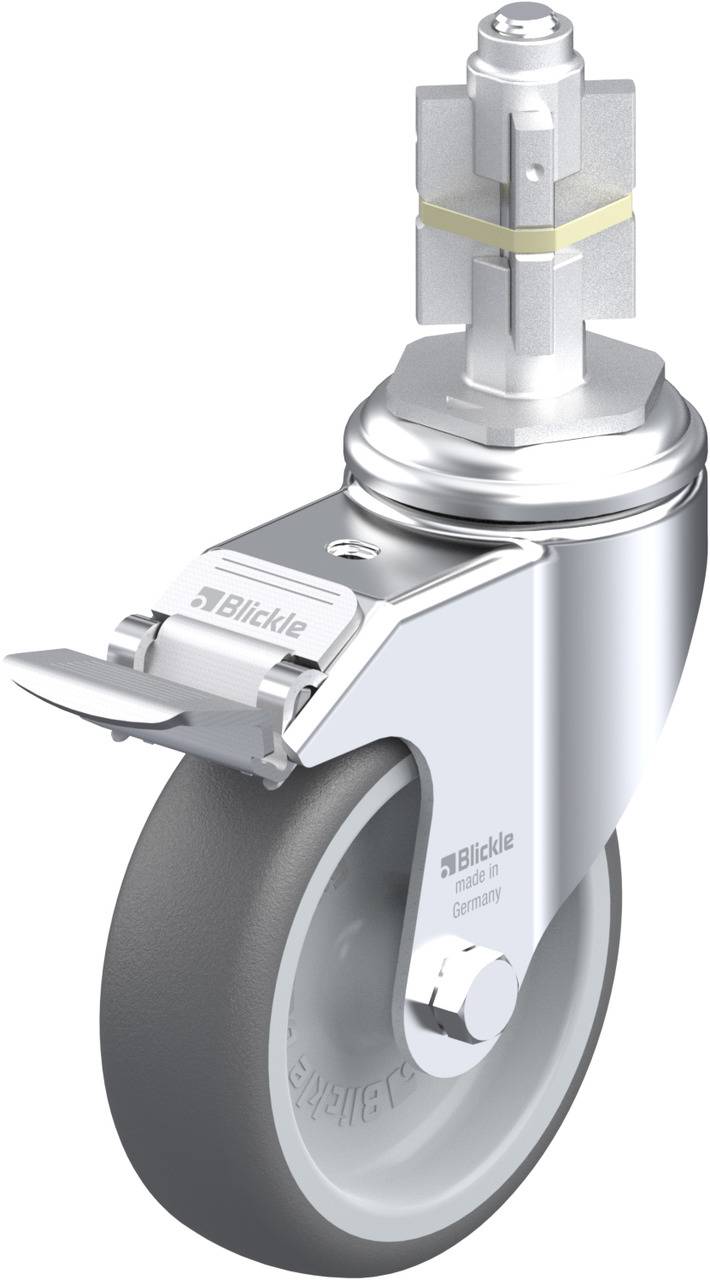 Metallisches Drehgelenk-Lenkrolle mit grauem Rad und seitlicher Bremse. Aufschrift 'Blickle'.