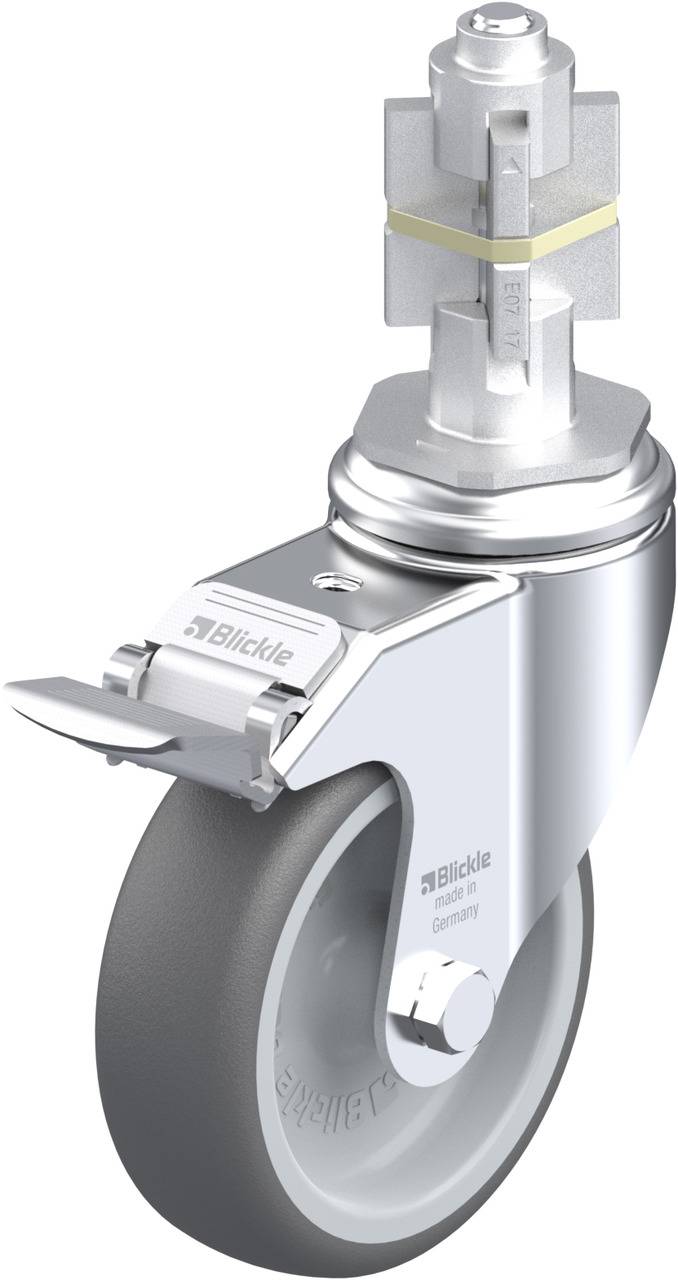 Schwenkrolle mit grauem Rad, silberfarbenem Gehäuse und Montagemetalldorn; geeignet für leichten Transport und Möbel.