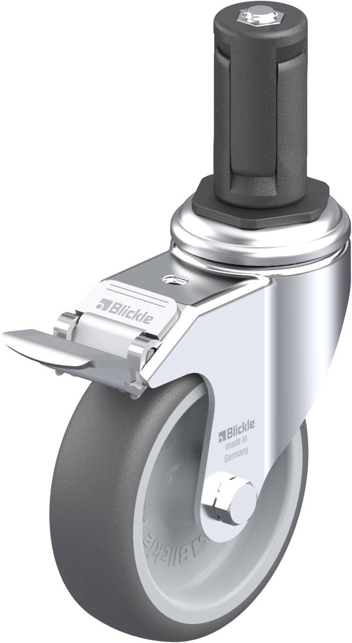 Graues Bockrolle-Rad mit Bremse und Bolzen aus Metall, Aufschrift 'Blickle'. Geeignet für den Einbau in Transportgeräte.