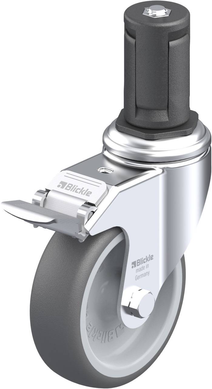 Schwenkrolle mit grauem Gummirad und Bremse von Bielefeld. Geeignet für Möbel oder mobile Geräte, bietet Stabilität und Flexibilität.