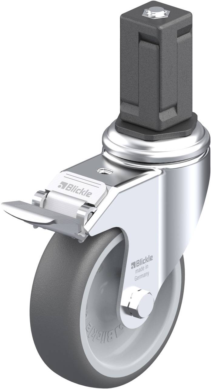 Eine graue Lenkrolle mit feststellbarer Bremse und schwarzem Befestigungsstift. Herstellername 'Blickle' auf der Metallhalterung.