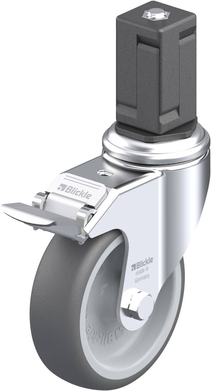 Ein graues Rad mit Metallhalterung, Feststellbremse und Befestigungsstift. Dient zum Befestigen an einem Möbelstück oder Gerät.