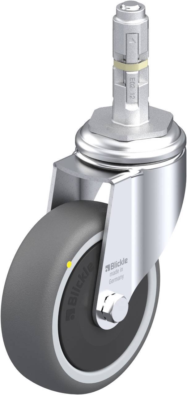 Rolle mit drehbarem Gelenk, graues Rad und silbernem Metallgehäuse. Feinmechanische Details erkennbar.