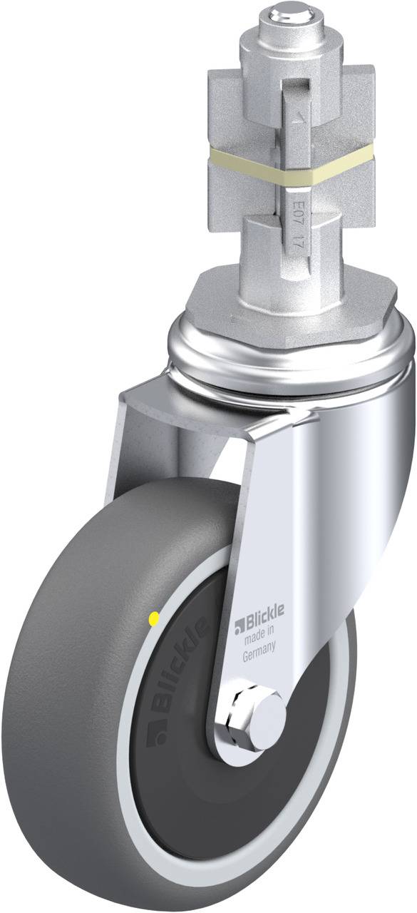 Drehbares Rad mit Metallgehäuse, gummiertem Rad und montiertem Metallstift. Geeignet für den Einsatz in Industrieanlagen.