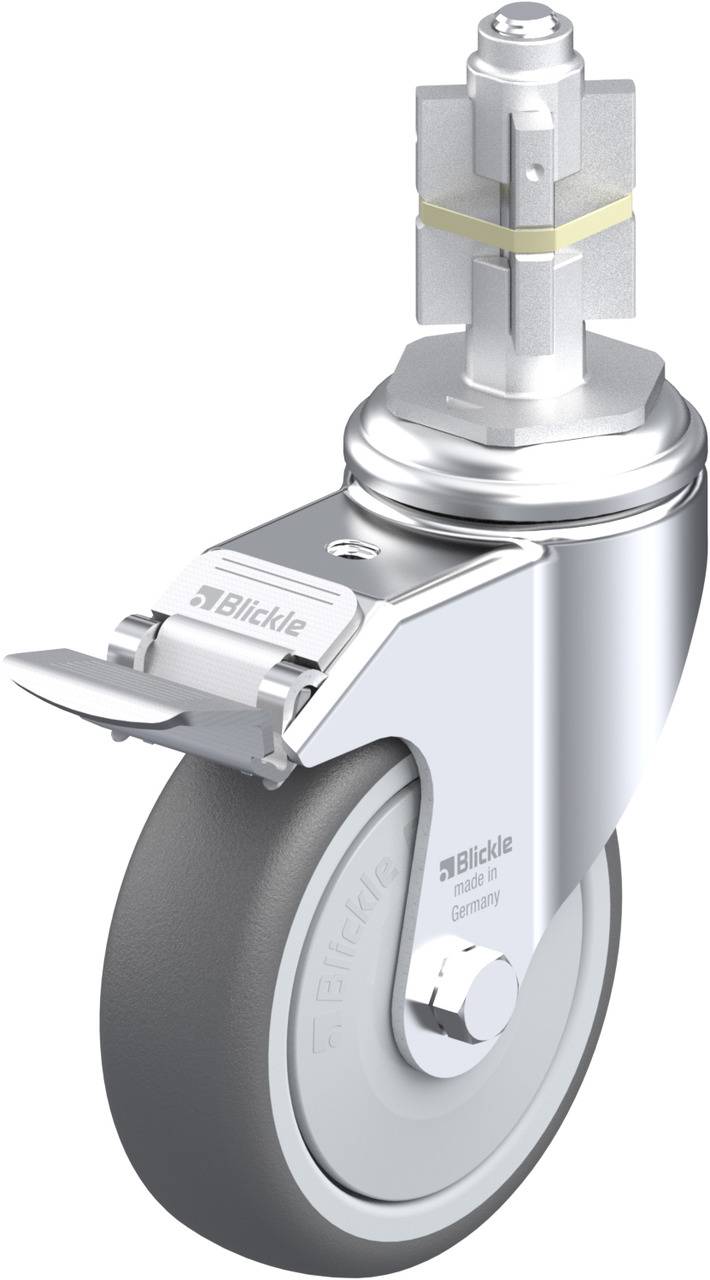 Metallrolle mit grauem Rad und drehbarem Gehäuse. Oben eine Montagevorrichtung. Markenname 'Blickle' auf Gehäuse graviert.