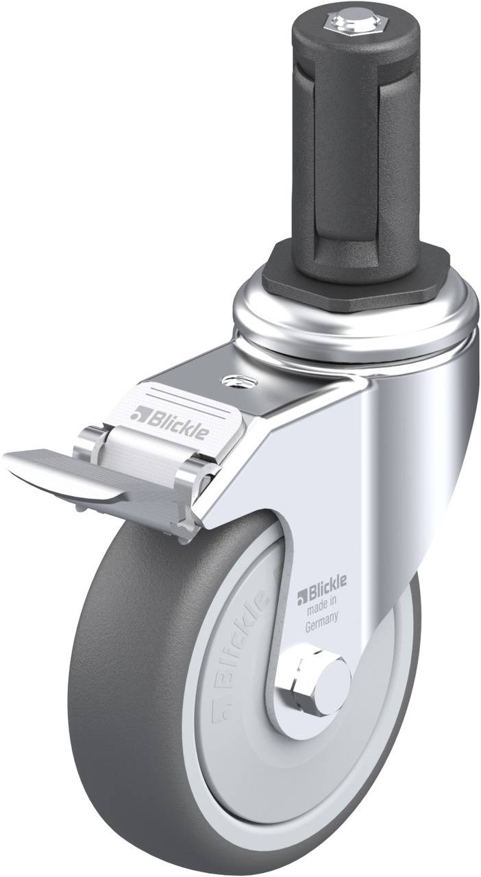 Schwenkrolle mit grauem Rad, schwarzer Halterung und 