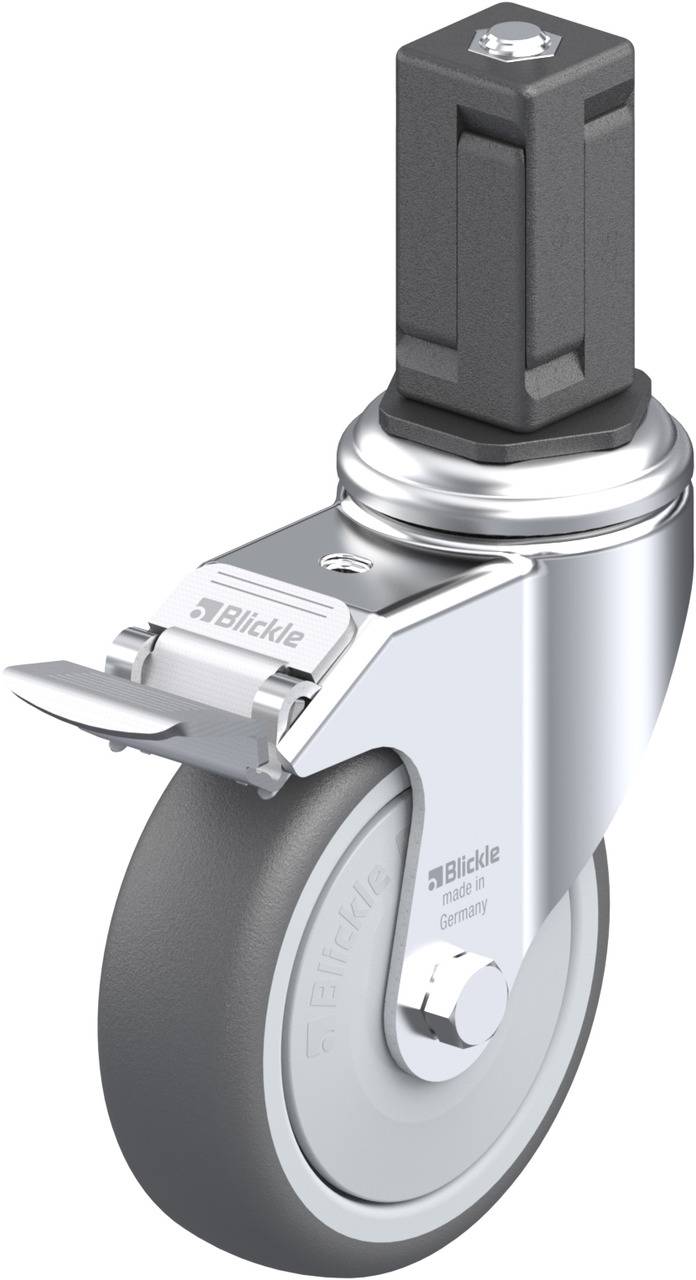 Industrie-Lenkrolle aus Metall mit grauem Gummireifen und Feststellbremse, geeignet für Möbel oder Transportgeräte.