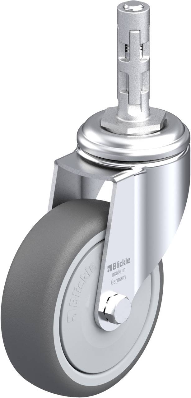 Graue Lenkrolle mit Metallgehäuse und Befestigungszapfen von Blickle, geeignet für Möbel oder Transportwagen.