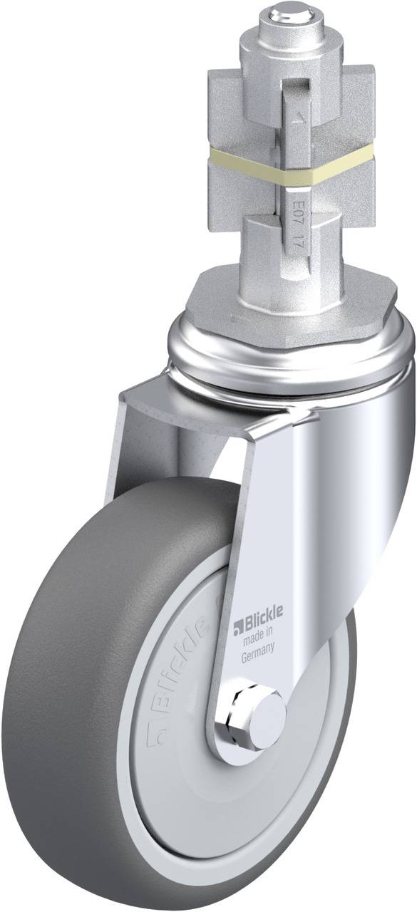 Graues Lenkrolle mit grauem Rad und silbernem Gehäuse. Verchromte Bauteile, robuste Konstruktion. Geeignet für industrielle Anwendungen.