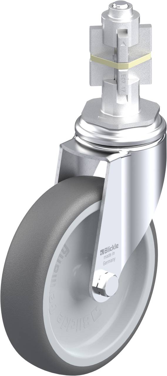 Grauer Laufrollen-Totalkunststoffgabel mit silberfarbigem Gehäuse, geeignet für Möbel oder Transportgeräte.