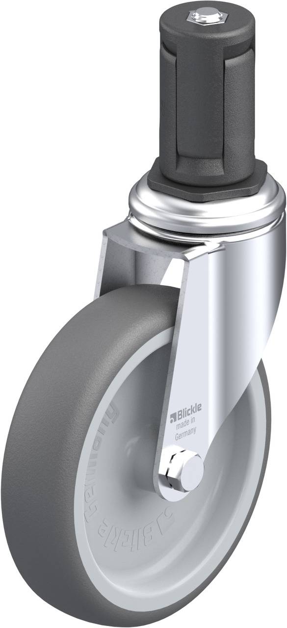 Ein graues Rad mit einer schwarzen Befestigungsachse, geeignet für Transportgeräte. Das Rad hat eine silberne Metallhalterung.