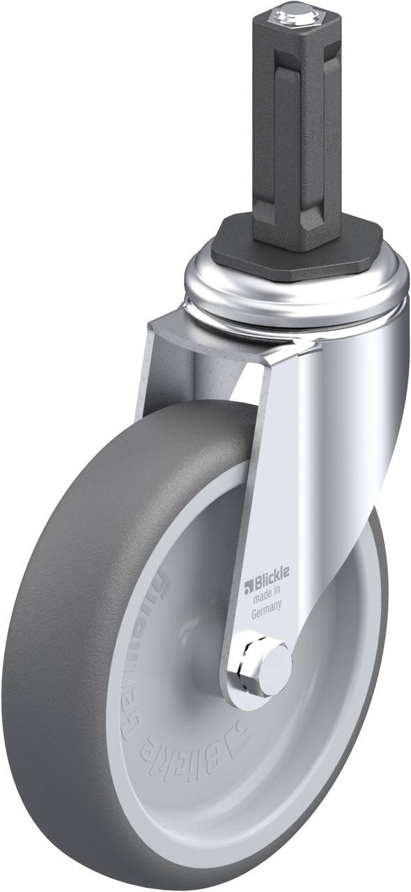 Graues Lenkrolle-Rad mit Befestigungszapfen und glänzendem Metallgehäuse von der Marke Blickle, geeignet für Mobilitätslösungen.