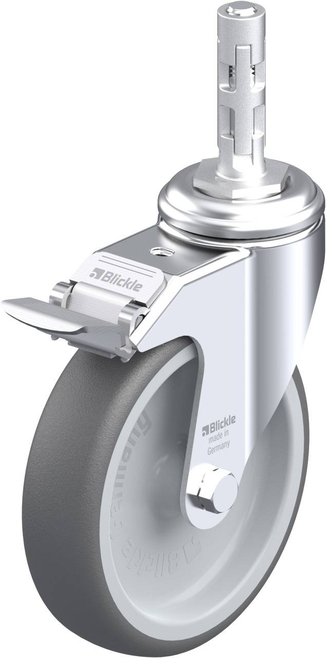 Schwenkrolle von Blickle mit grauem Rad und silberner Halterung. Geeignet für Möbel oder Geräte. Integrierte Feststellbremse sichtbar.