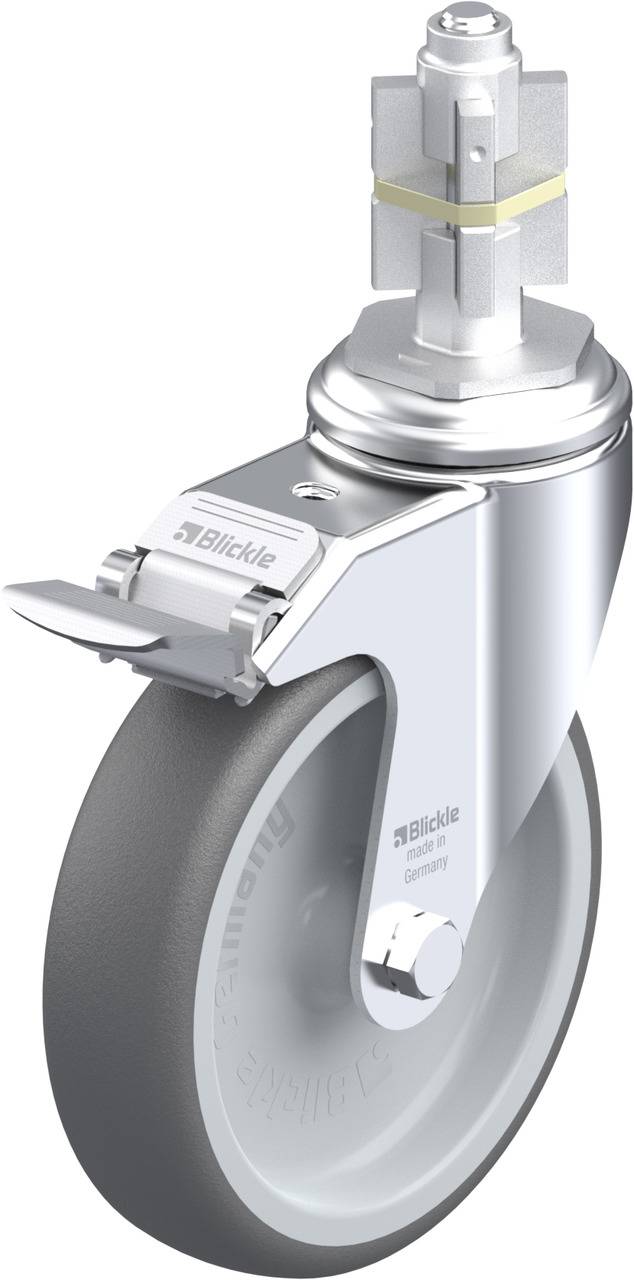 Drehbares Möbelrad mit grauer Gummilauffläche und Metallgehäuse.