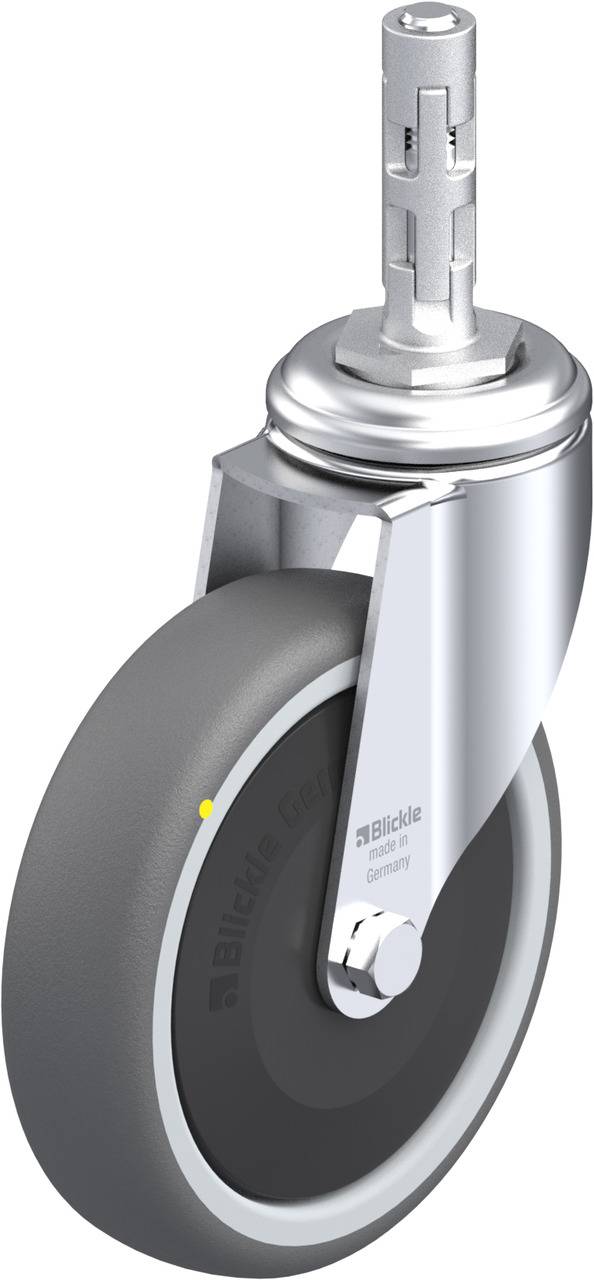 Ein einzelnes Rad mit Halterung, geeignet für Möbel oder Geräte. Die Halterung ist zylindrisch und das Rad besteht aus schwarzem Material.