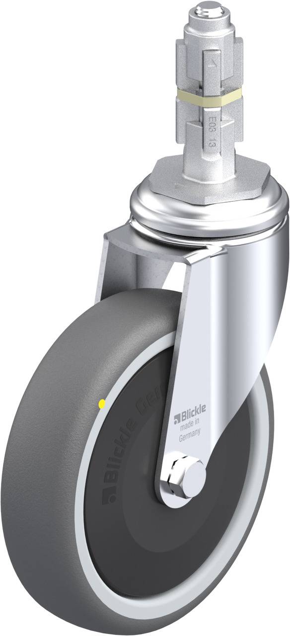 Grau-schwarzes Möbelrad mit Metallhalterung und Polyurethan-Lauffläche. Geeignet für leichte bis mittelschwere Lasten auf glatten Böden.