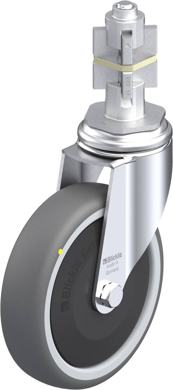 Drehbares Rollenrad aus Metall und Kunststoff mit Befestigungsmechanismus. Verwendet für die Mobilität von Möbeln oder Geräten.