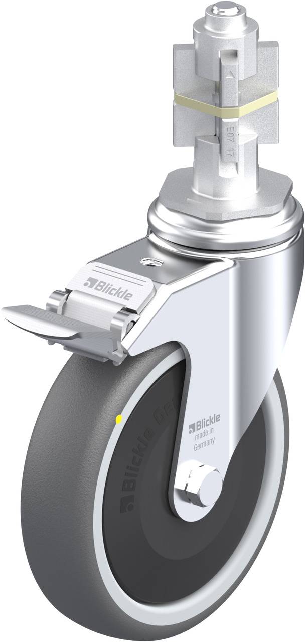 Ein stabiles Lenkrolle mit Bremse, silbernes Gehäuse und schwarzes Rad, geeignet für den Einsatz in Industrieumgebungen.