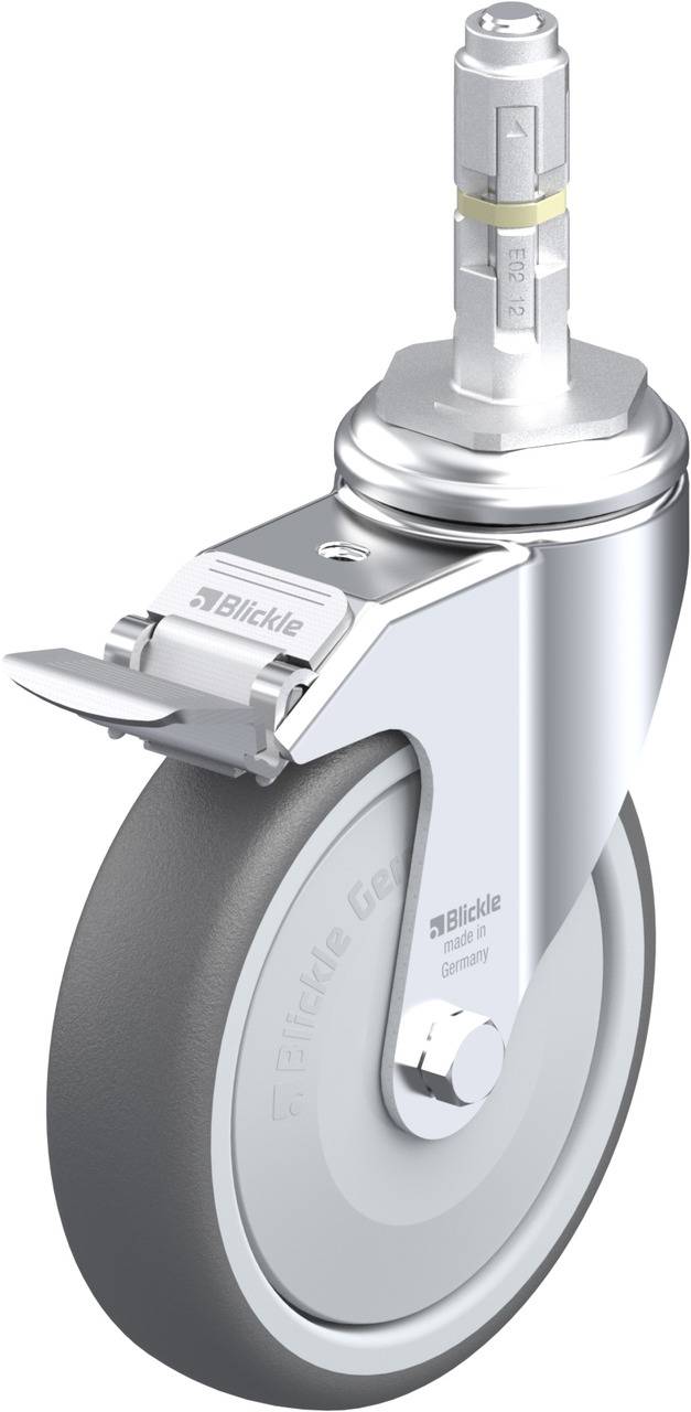 'Lenkrolle mit Bremse und grauem Rad. Gehäuse und Anschlussstift aus Metall. Auf dem Gehäuse ist das Logo 'Blickle' zu sehen.'