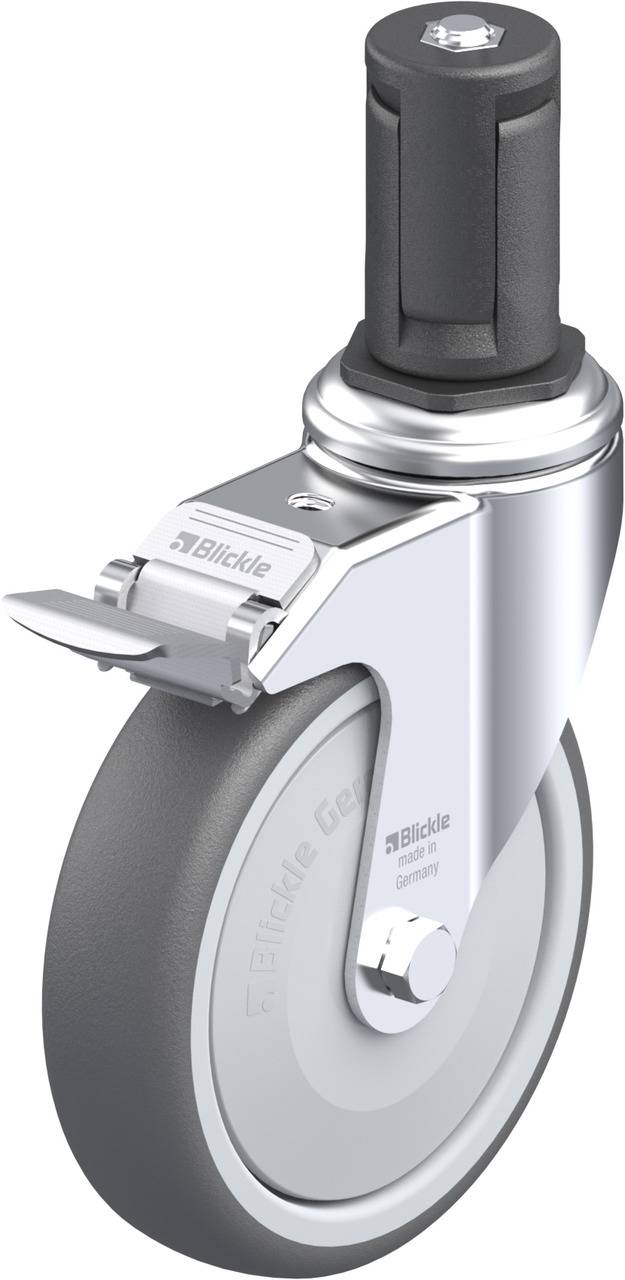 Schwenkrolle aus Metall mit grauem Rad und Bremse, seitlichem 'Blickle'-Logo. Geeignet für Möbel oder Transportwagen.