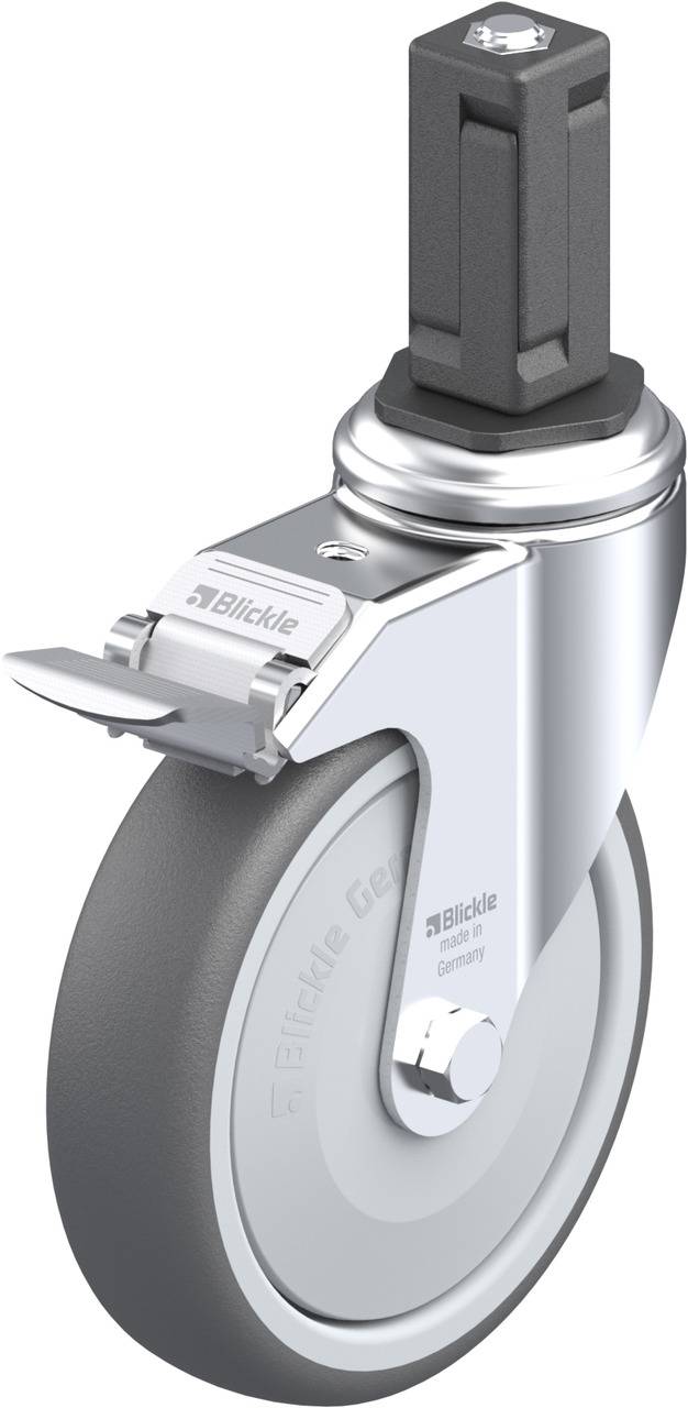 Metallisches Lenkrolle mit grauem Rad und schwarzer Halterung oben, von der Marke Blickle, zeigt robustes Design für industrielle Anwendungen.