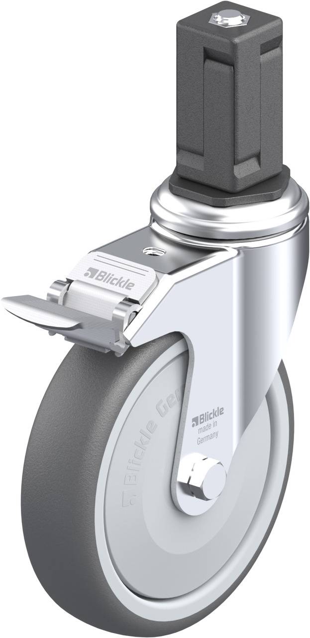 Rollenrad mit grauer Gummilauffläche und einer silbernen Halterung, geeignet für Möbel oder Ausrüstung, mit einer Verriegelung.