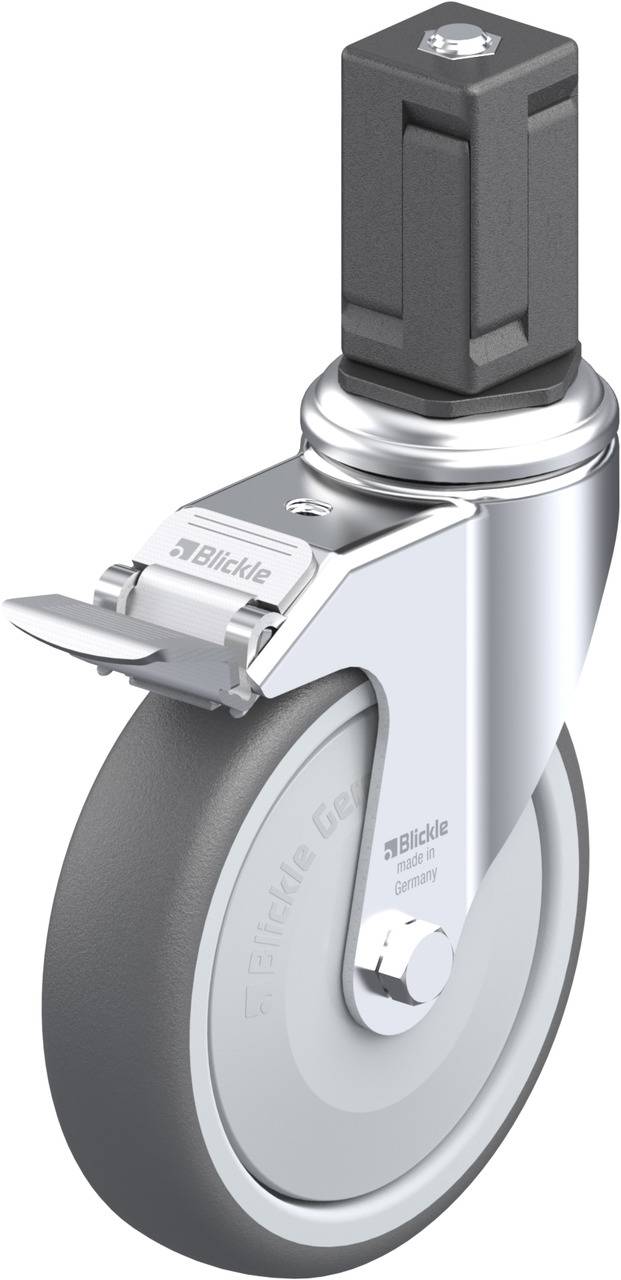 Rolle mit grauem Reifen und Bremsmechanismus, befestigt an einem rechteckigen Metallhalter. Markiert mit 'Blickle'.