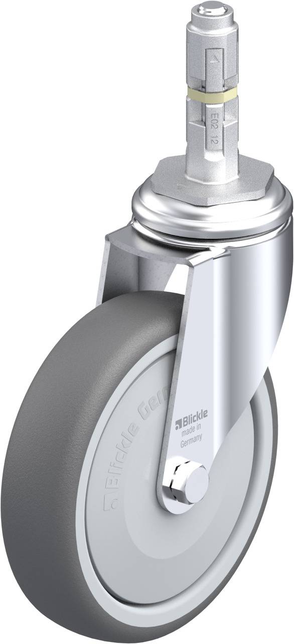 Graue, drehbare Lenkrolle mit Chromhalterung. Oberer Teil mit Metallstange zur Befestigung. Geeignet für Möbel- und Gerätebewegung.
