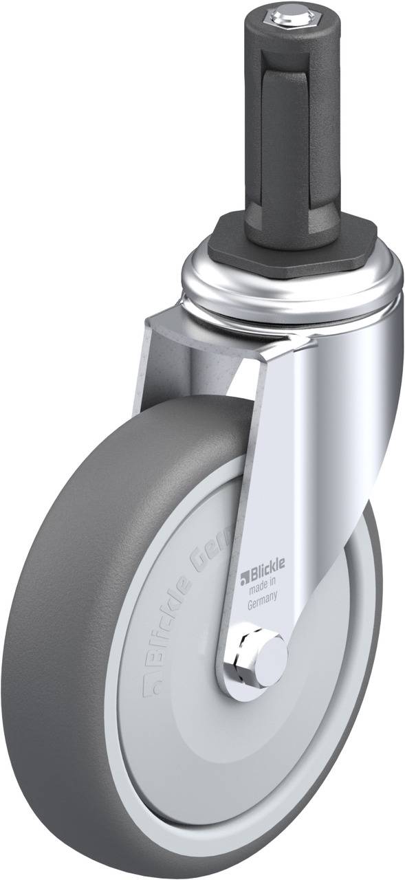 Schwenkrolle mit grauem Rad, Metallhalterung und Kunststoff-Befestigungselement. Geeignet für Möbel und leichte Geräte.