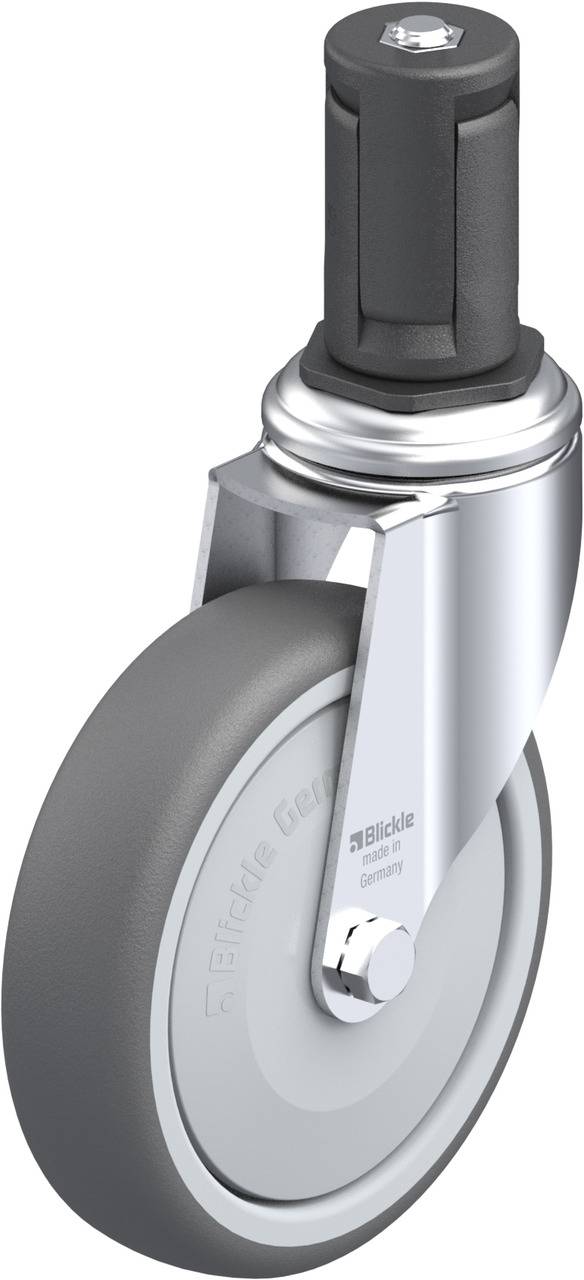 Ein einzelnes graues Rad mit schwarzem Befestigungsstift, Metallgehäuse und Aufdruck 'Blickle Germany'. Geeignet für Möbel oder Industrie.