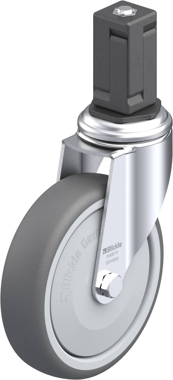 Grau-gummiertes Schwenkrolle mit robustem Metallgehäuse und Befestigungselement, geeignet für verschiedene Transportanwendungen.