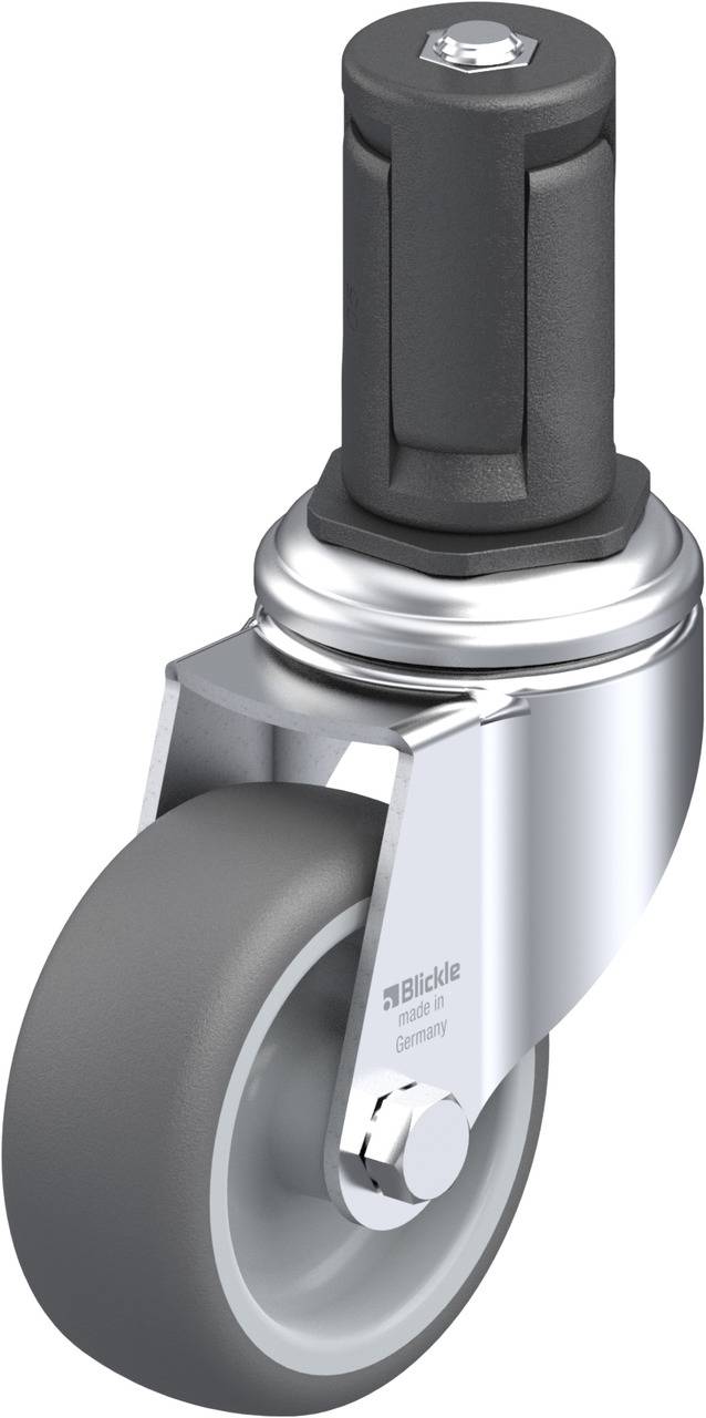 Rolle mit grauem Rad, einer schwarzen Befestigung und silberner Halterung. Vermutlich für Möbel oder Geräte zur leichten Fortbewegung gedacht.