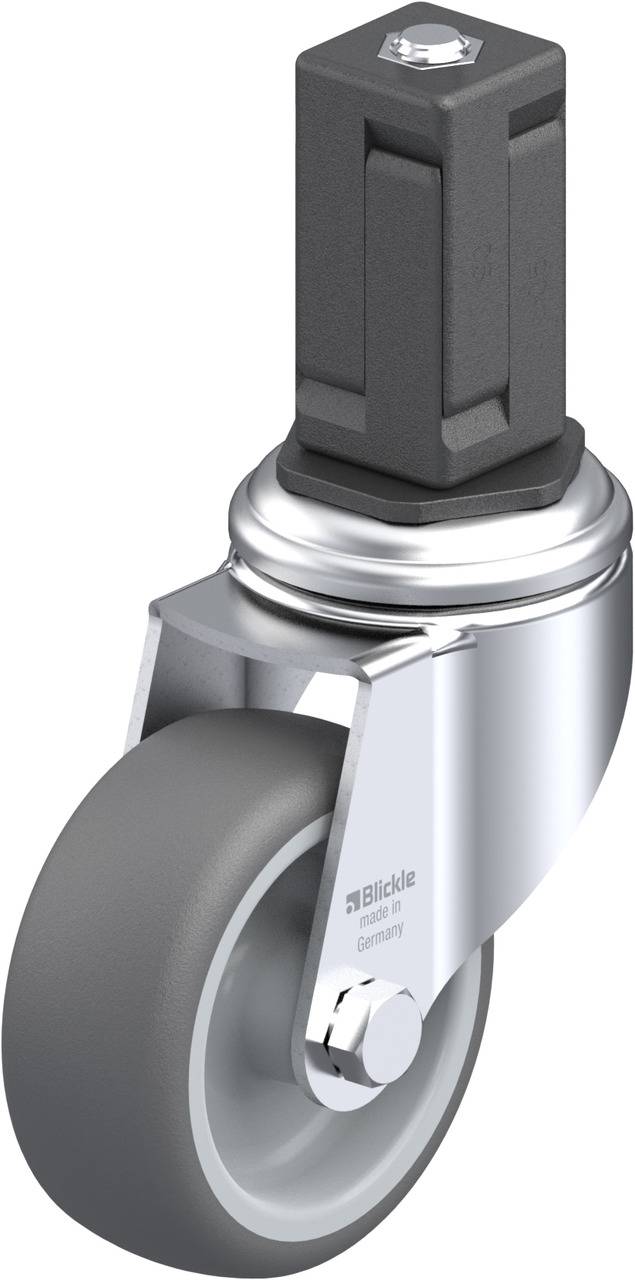 Graue Lenkrolle mit metallischem Gehäuse und schwarzem Befestigungselement. Geeignet für Industrieausrüstung.