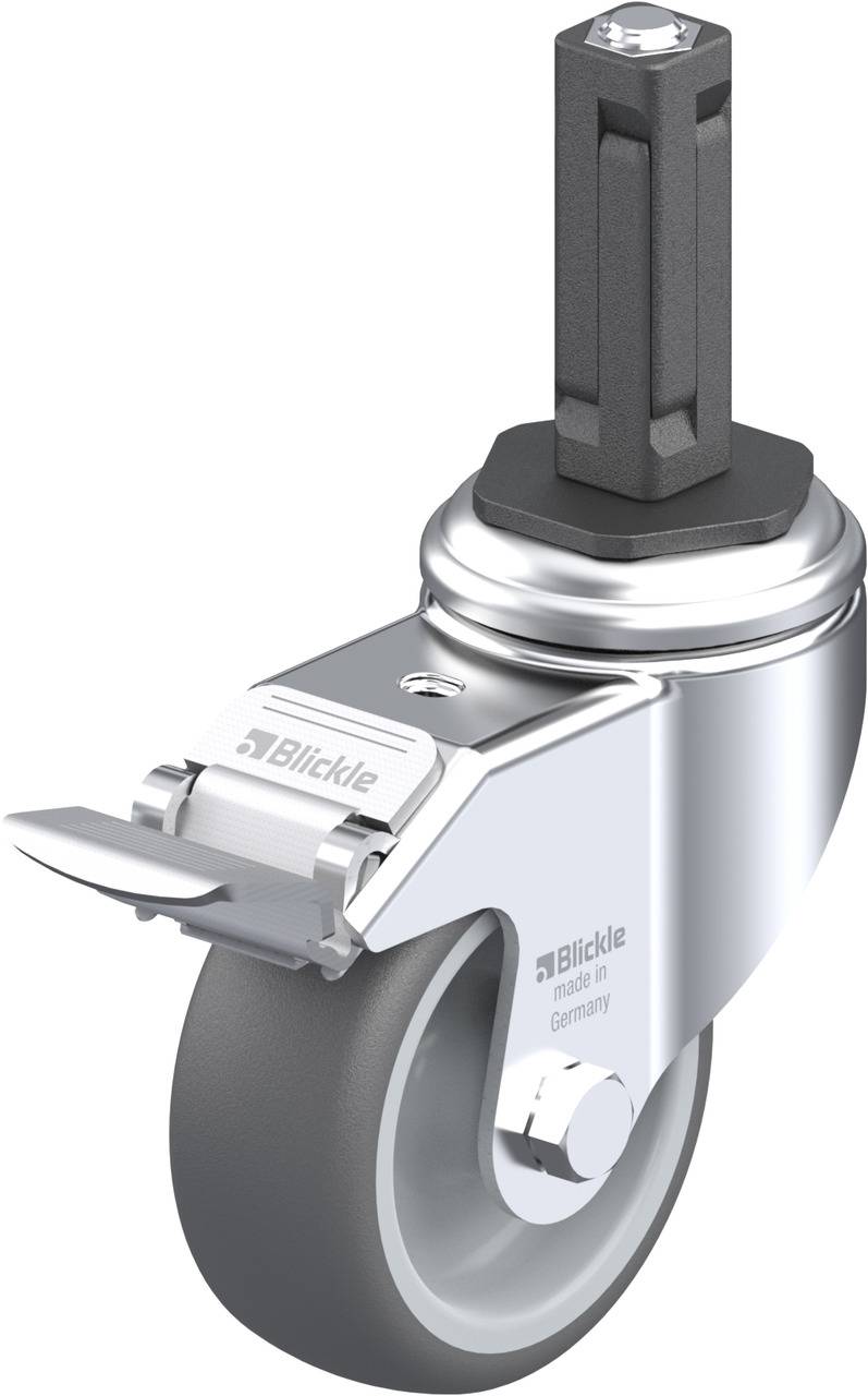 Schwenkrolle aus Metall mit grauem Rad und Kunststoffgehäuse. Montagemöglichkeit über quadratischen Stift an der Oberseite.