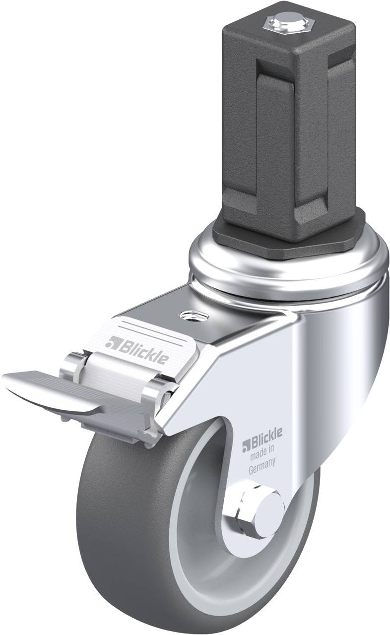 Lenkrolle mit grauem Rad, Metallrahmen und Befestigungsbeschlag. Markenname 'Blickle' auf dem Rahmen, geeignet für schwere Lasten.
