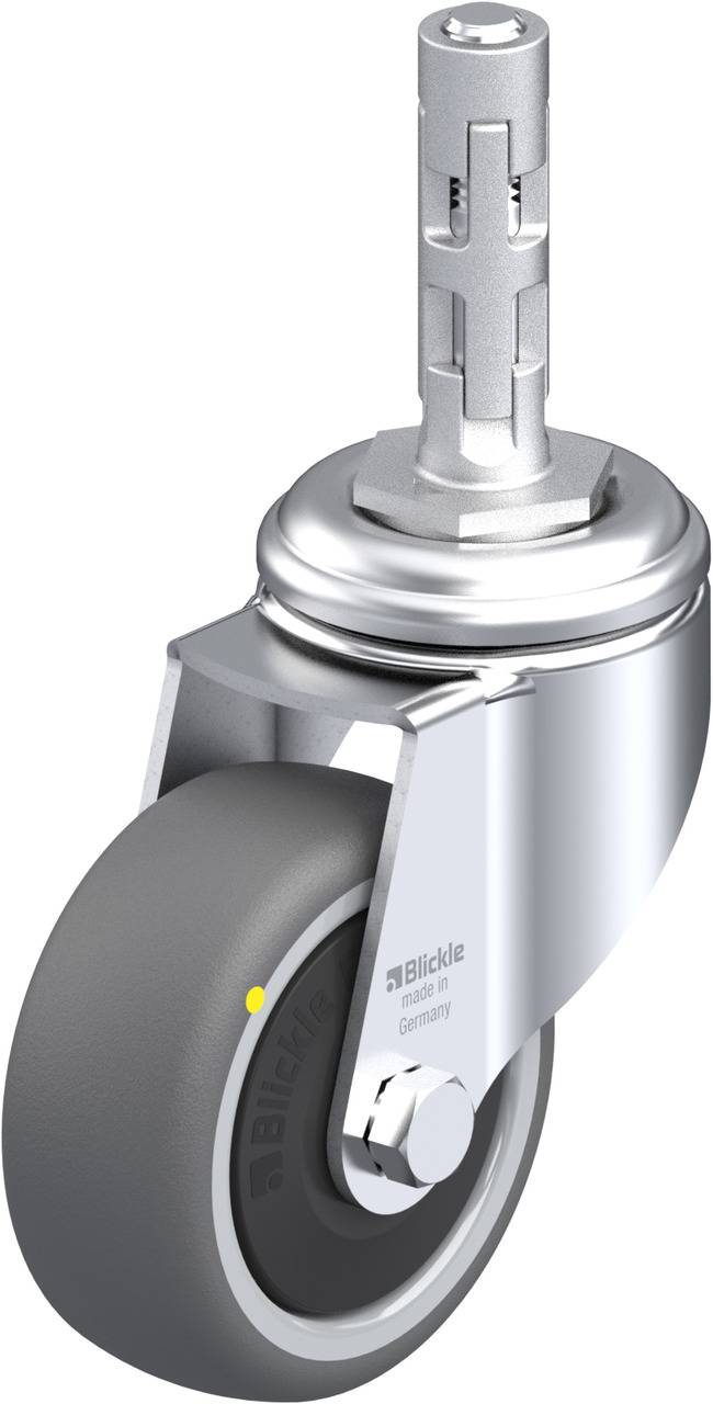 Einzelnes Rad mit metallischem Gehäuse und grauem Rad. Markierung 'Blickle' auf der Halterung sichtbar. Verwendet für industrielle Anwendungen.