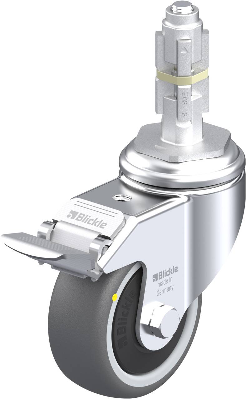 Schwenkrolle mit grauem Rad, Metallgehäuse und Bolzen. Markiert mit 'Blickle'. Entwickelt für Transportgeräte.
