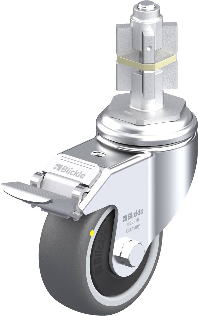Hochwertige Lenkrolle aus Metall mit Bremse, geeignet für industrielle Anwendungen. Sie zeigt robustes Design und präzise Verarbeitung.