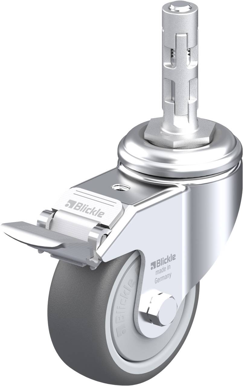 Schwenkrolle mit Bremse. Hergestellt aus Metall und Kunststoff. Markenlogo 'Blickle', 'Made in Germany' sichtbar.
