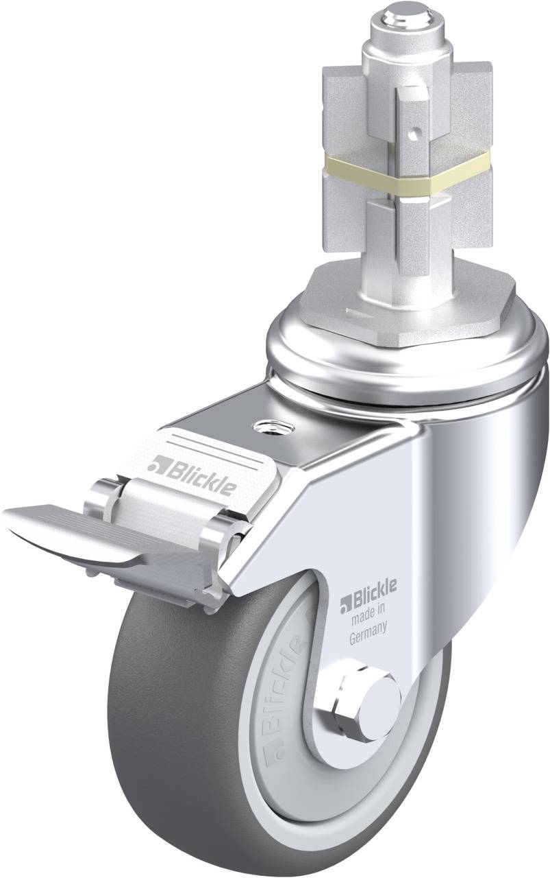 Schwenkrolle mit Bremse und grauem Rad, einstellbar an Möbeln. Hochwertige Ausführung, geeignet für glatte Böden.