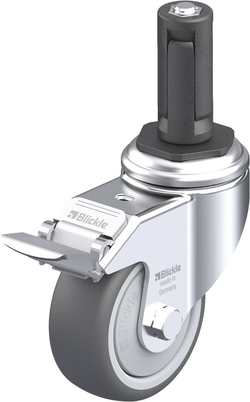 Rollenrad aus Metall mit grauer Lauffläche und integriertem Stoppmechanismus, geeignet für Transportwagen oder Möbel.