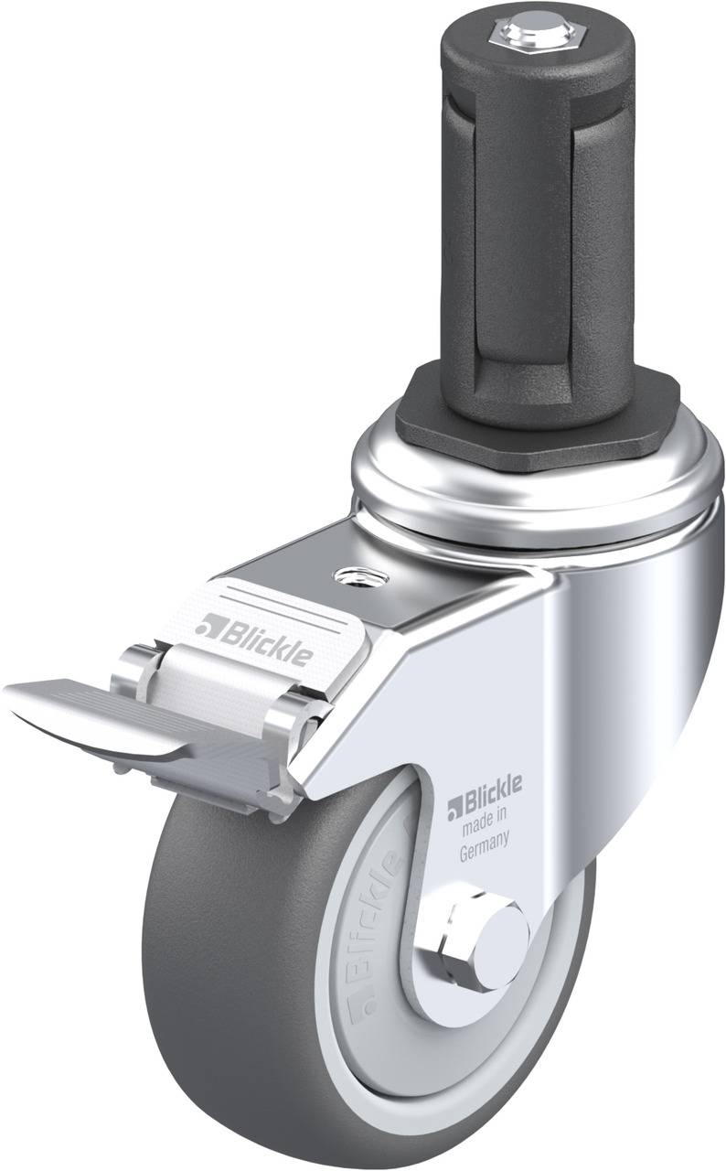 Lenkrolle mit grauem Rad, schwarzer Befestigung und Metallgehäuse, geeignet für industrielle Anwendungen.