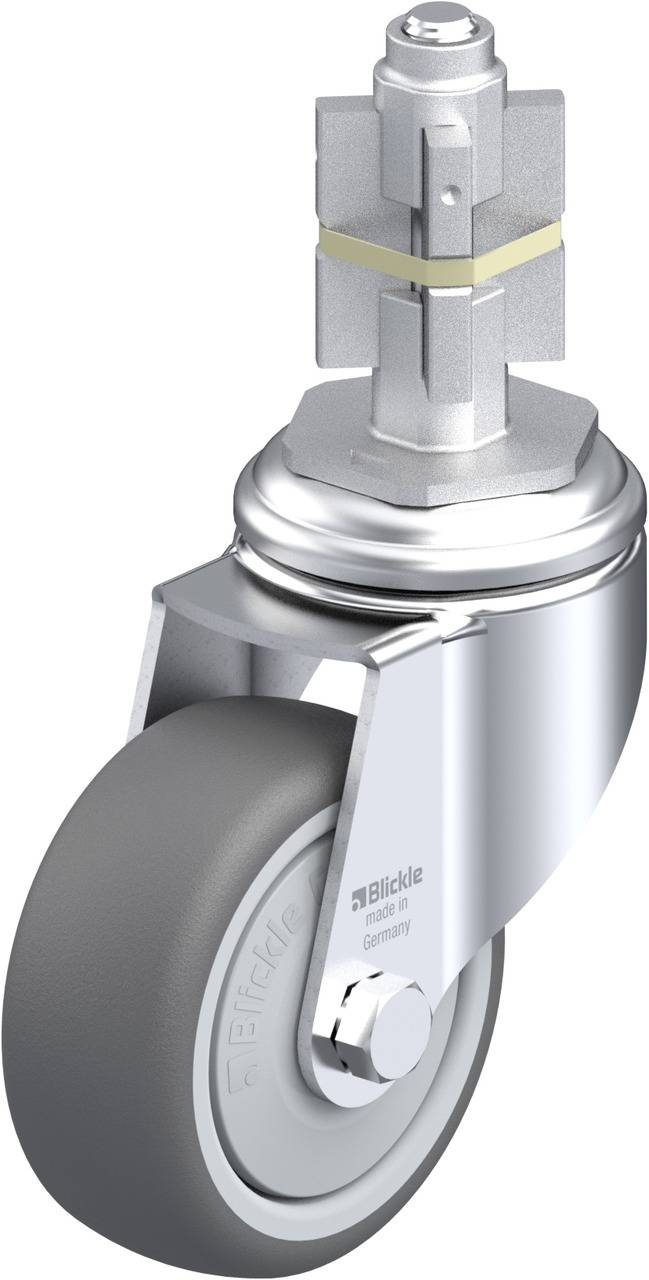 Eine graue Laufrolle mit silbernem Gehäuse und drehbarem Stift für Möbel oder Geräte. Design: robust, vielseitig einsetzbar.