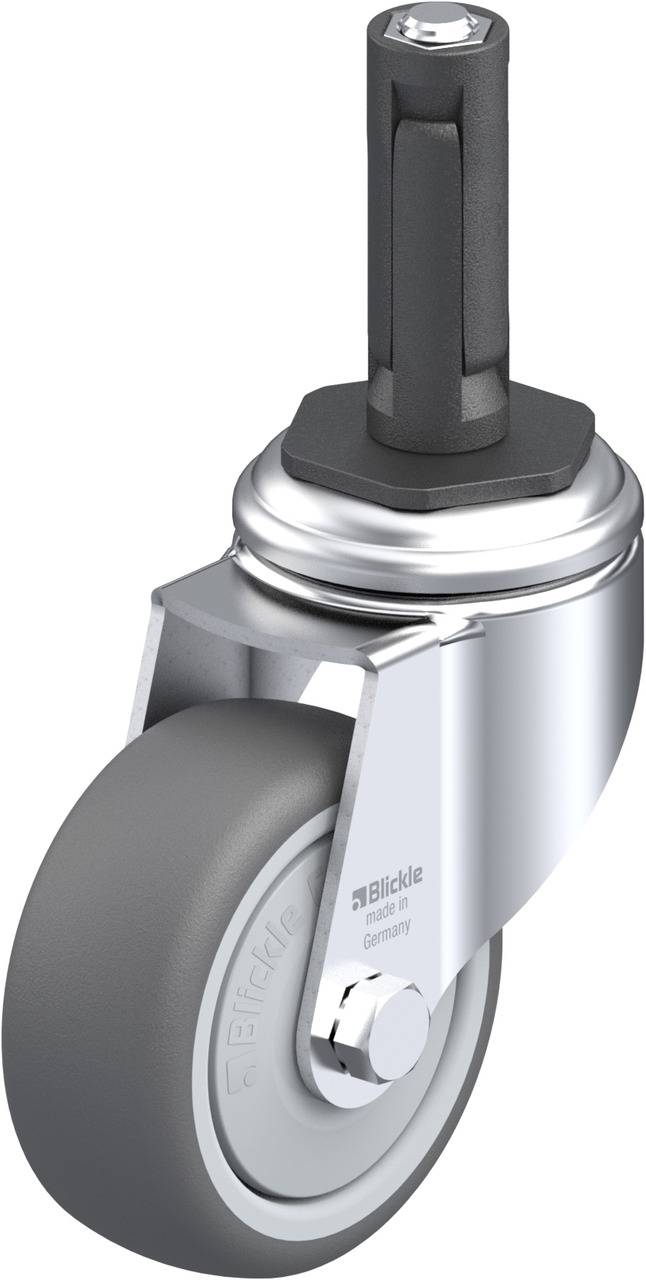 Lenkrolle aus Metall und Kunststoff mit grauem Rad, geeignet für Büromöbel oder industrielle Anwendungen.