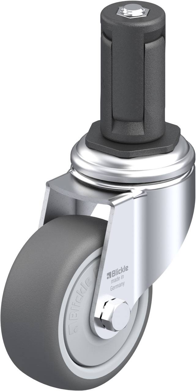 Graue Rolle mit schwarzem Zapfen und silbernem Gehäuse, geeignet für Möbel oder Arbeitsgeräte.
