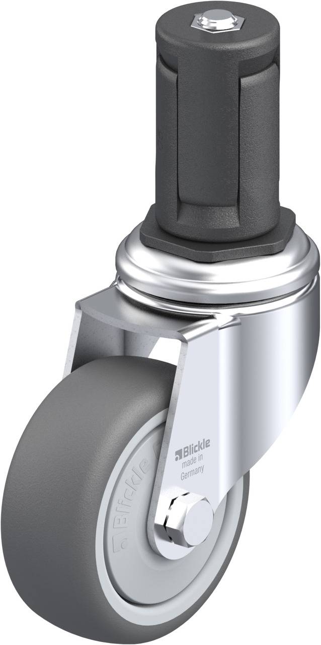 Graues Rad aus Kunststoff mit schwarzem Bügel und silberner Halterung, von der Marke Blickle, geeignet für Möbel oder Geräte.