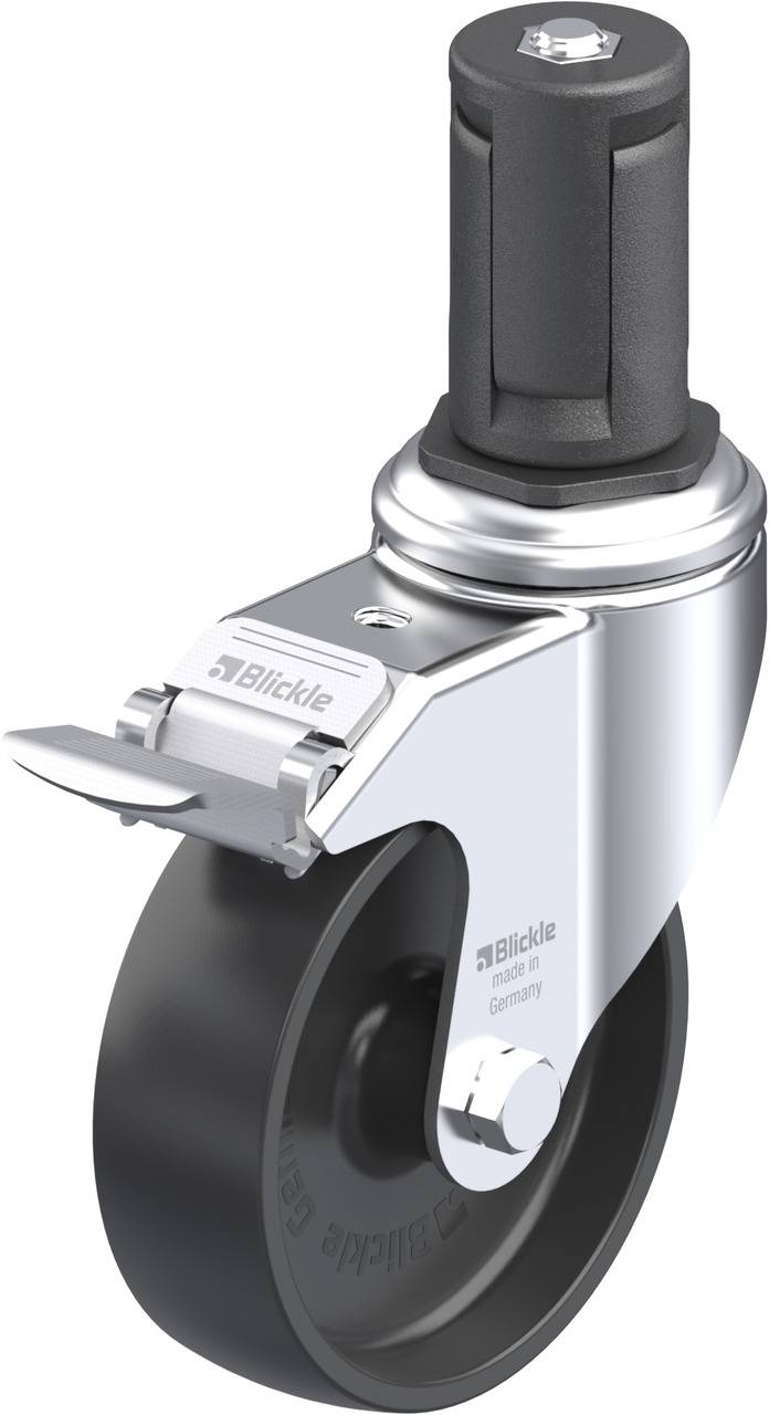 Schwenkrolle mit schwarzem Rad und grauem Gehäuse, seitlicher Metallhebel. Markenname 'Blickle' auf Gehäuse sichtbar.