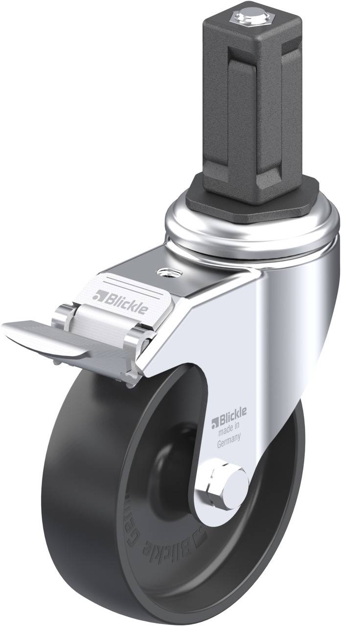 Schwenkrolle mit Fußbremse, schwarz, mit rechteckigem Rohrstutzen und silbernem Gehäuse für industrielle Anwendungen.